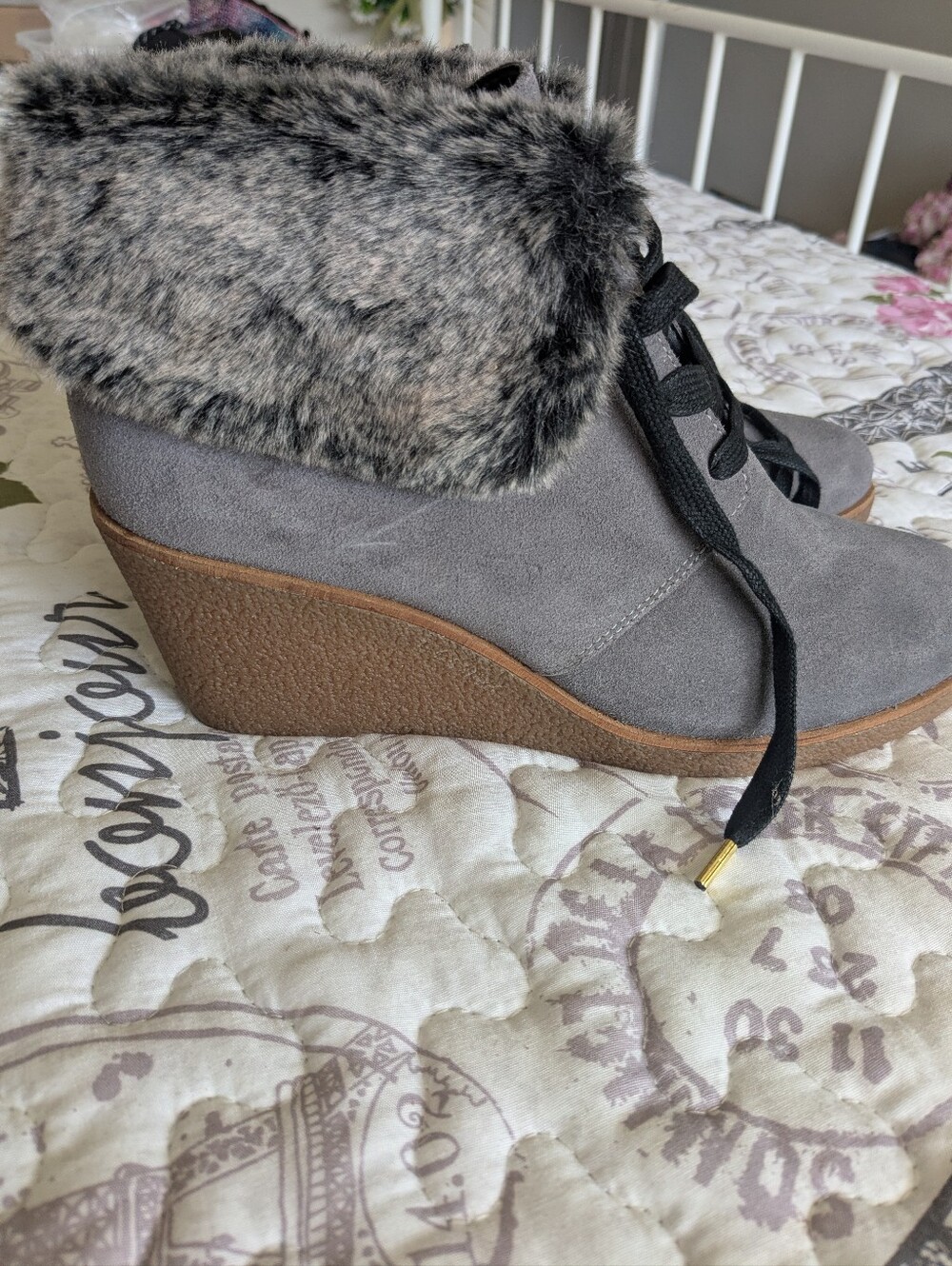 Brand new With Tags.Cole Hahn Faux-Fur Wedge Ankle Booties with Lace-Up Detail